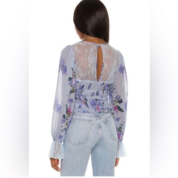 Free People | Daphne Blouse in Silver Blue Long Sleeve Lace Yoke & Cuff Size L - Picture 2 of 10